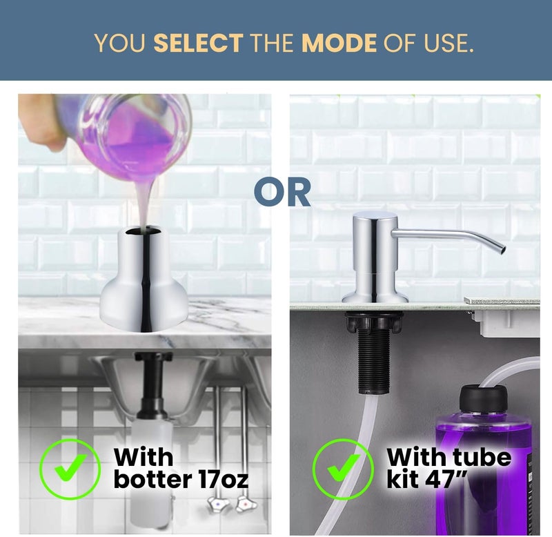 Sben Built-in Kitchen Sink Soap Dispenser – Stainless Steel Pump, 17 oz Bottle and Extension Tube Kit 47", Upgraded Metal Check Valve, Countertop Hand Soap & Lotion Dispenser (Chrome) - Image 2